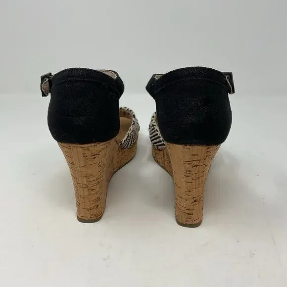 Toms Sienna Wedge Sandal Womens 7.5 Black Strappy Ankle Strap Cork Platform - Picture 6 of 13